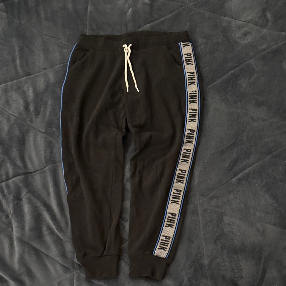 PINK Victoria's Secret Black Joggers with Blue Trim